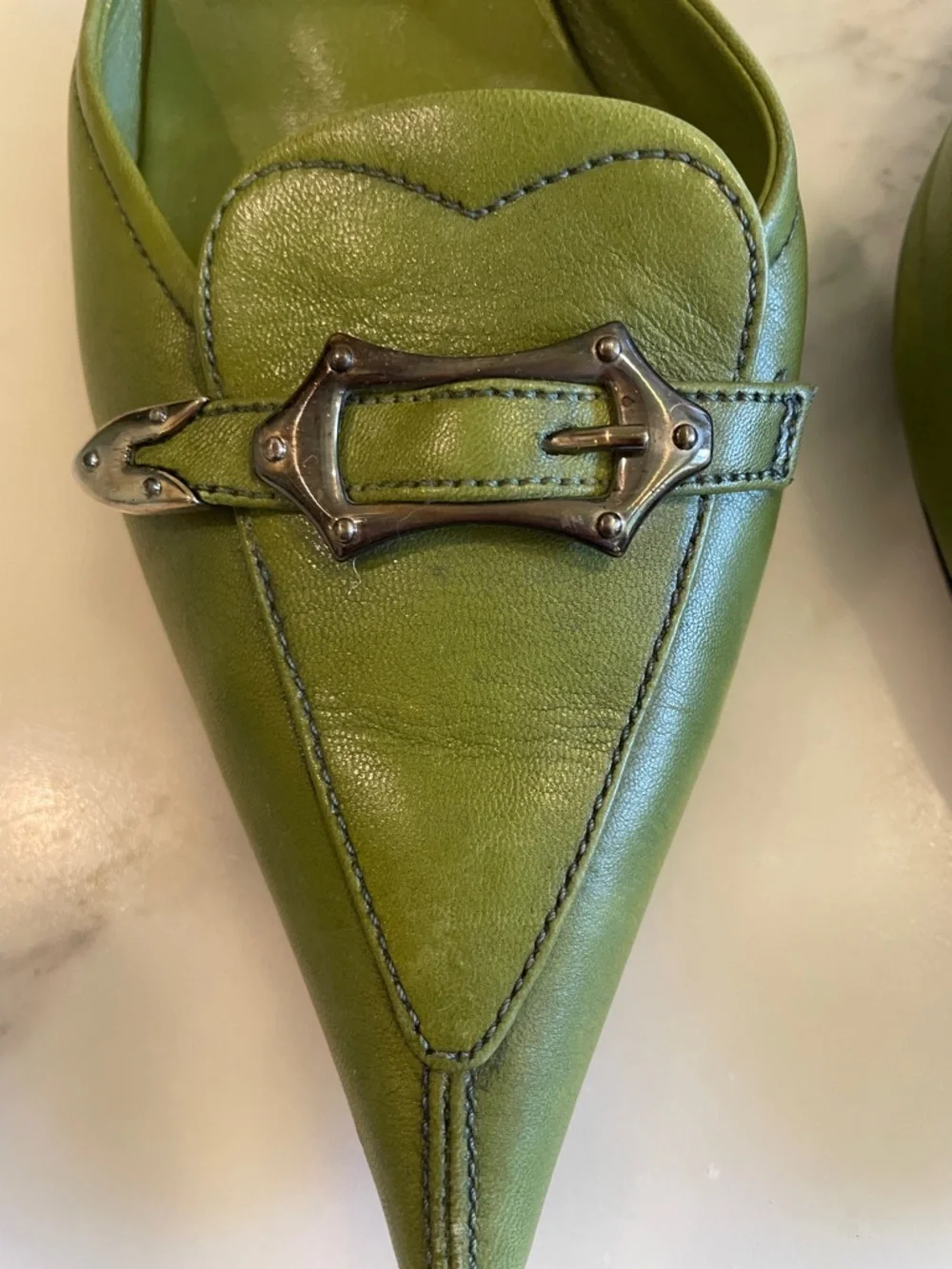 Vintage Prada Green Leather Pointed Kitten Heel Mules, Size 40 - Picture 4 of 14